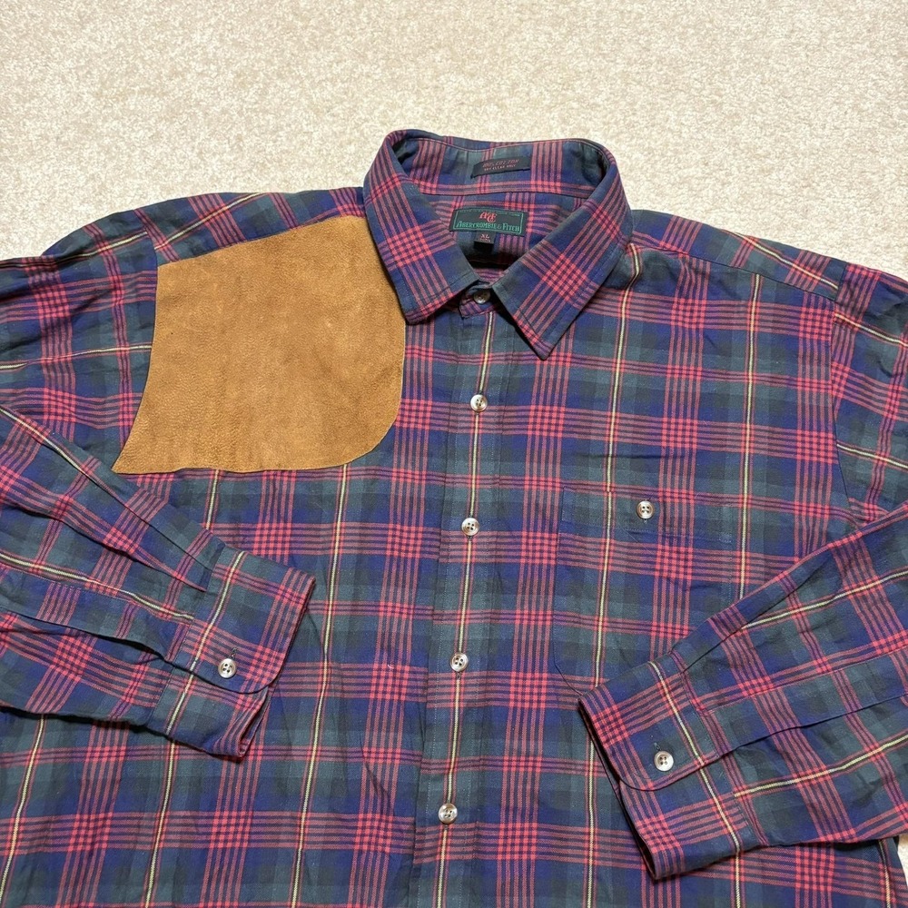 Vtg Abercrombie & Fitch Shirt Mens XL Multicolor Plaid Suede Shooting Patch 80s